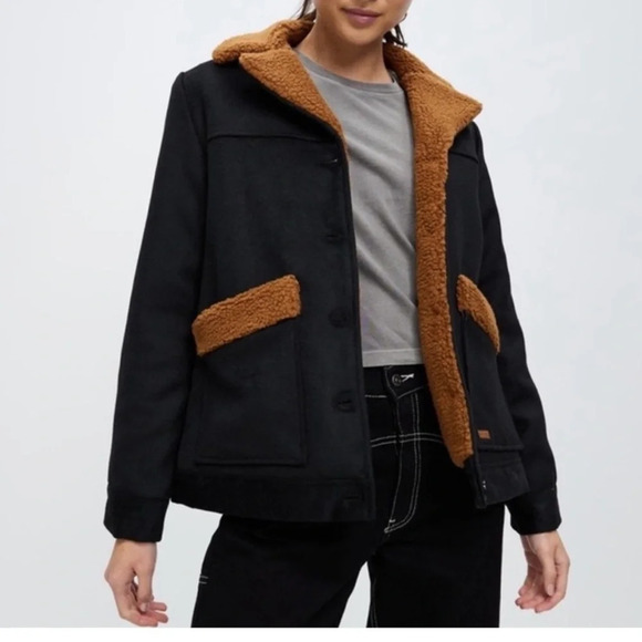 Brixton Sherpa Jacket Nouvelle Coat Lined Size Medium Black/Brown Button Closure - Picture 6 of 13